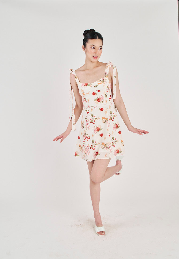 Klarey Beige Multicolor Floral with Cherry Print Sleeveless Self Tie Strap Mini Dress