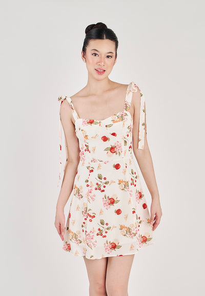 Klarey Beige Multicolor Floral with Cherry Print Sleeveless Self Tie Strap Mini Dress