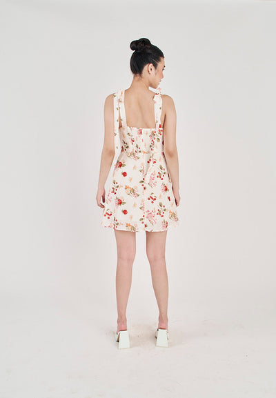Klarey Beige Multicolor Floral with Cherry Print Sleeveless Self Tie Strap Mini Dress