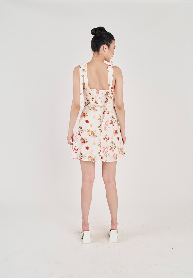 Klarey Beige Multicolor Floral with Cherry Print Sleeveless Self Tie Strap Mini Dress