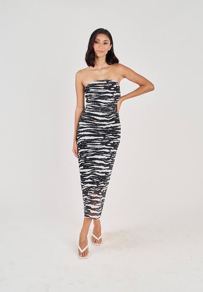 Rhae Black and White Animal Print Ruched Sides Mesh Tube Midi Dress