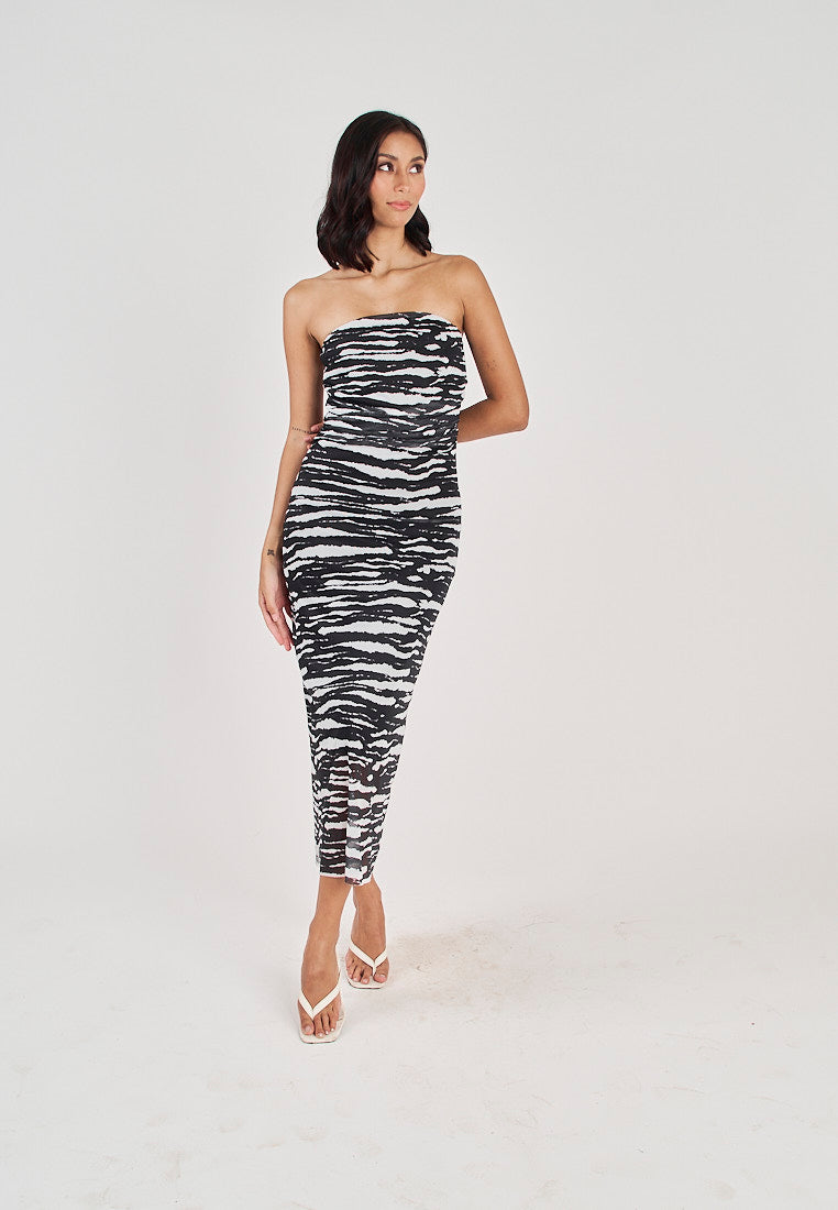 Rhae Black and White Animal Print Ruched Sides Mesh Tube Midi Dress