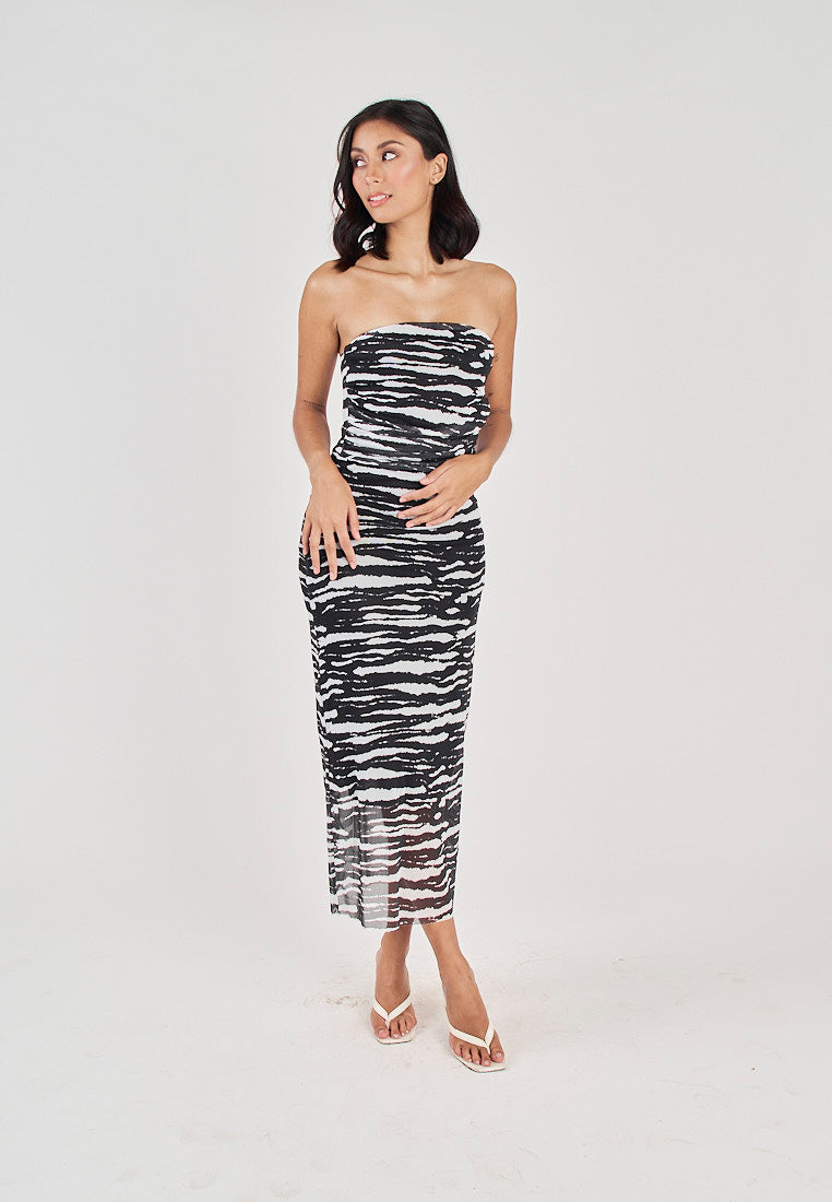 Rhae Black and White Animal Print Ruched Sides Mesh Tube Midi Dress