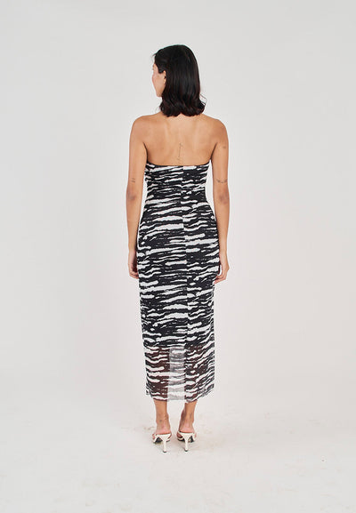Rhae Black and White Animal Print Ruched Sides Mesh Tube Midi Dress