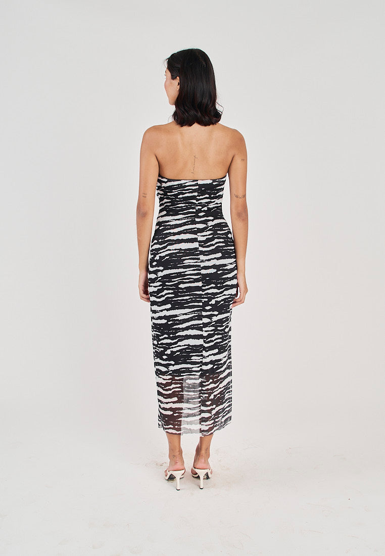 Rhae Black and White Animal Print Ruched Sides Mesh Tube Midi Dress