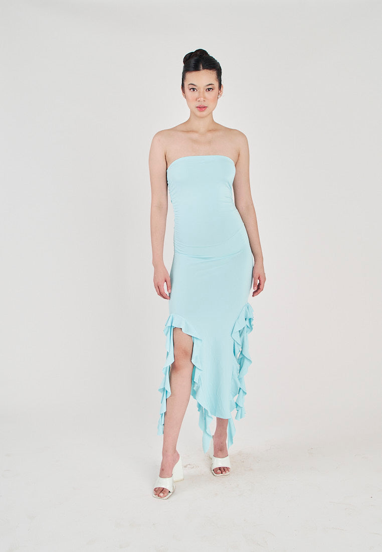Reverie Blue Ruffle Hem Tube Midi Dress