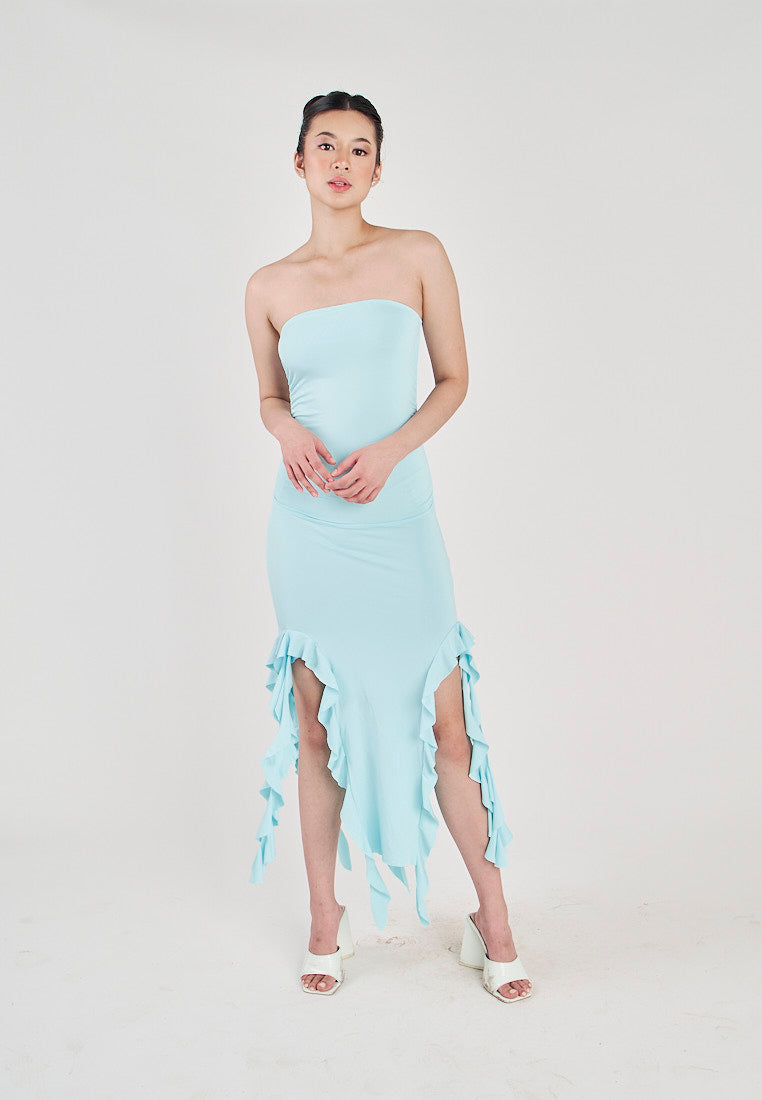 Reverie Blue Ruffle Hem Tube Midi Dress