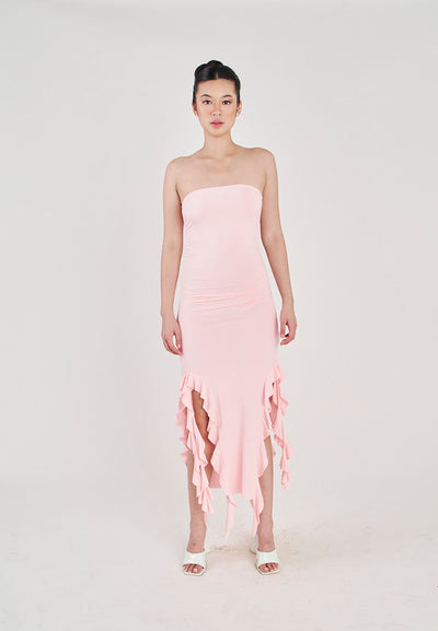 Reverie Light Pink Ruffle Hem Tube Midi Dress