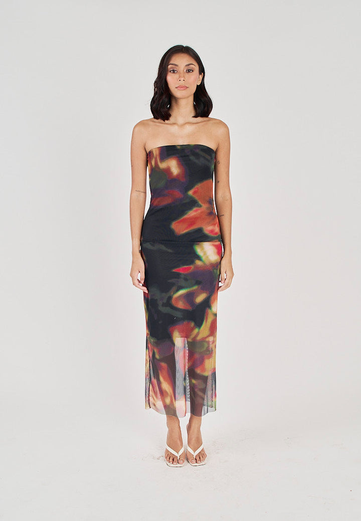 Colleen Black with Orange Floral Print Mesh Tube Midi Dress