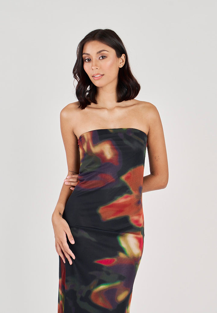 Colleen Black with Orange Floral Print Mesh Tube Midi Dress