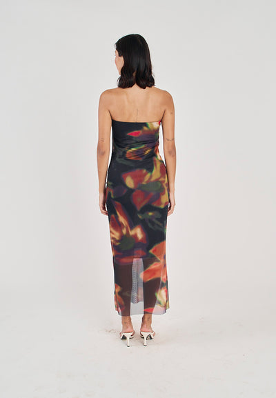Colleen Black with Orange Floral Print Mesh Tube Midi Dress