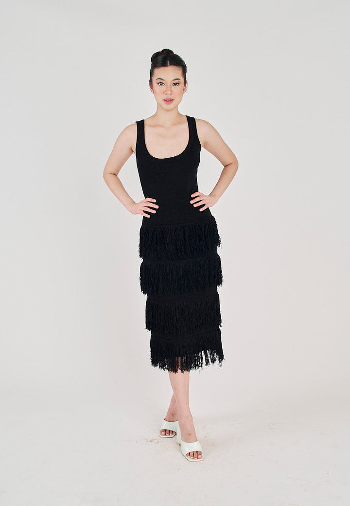 Rowella Black Round Neck Layer Fringe Knitted Top Sleeveless Midi Dress