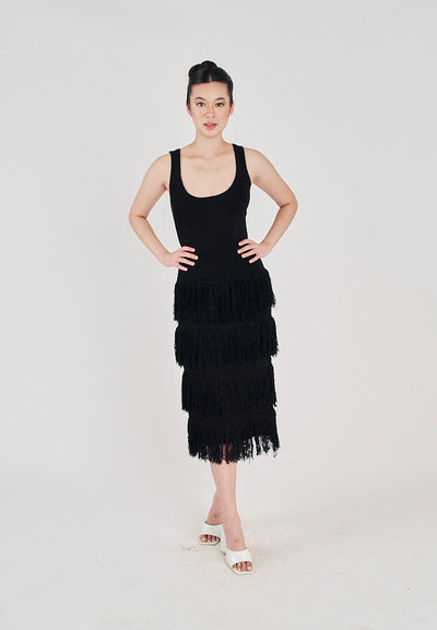 Rowella Black Round Neck Layer Fringe Knitted Top Sleeveless Midi Dress
