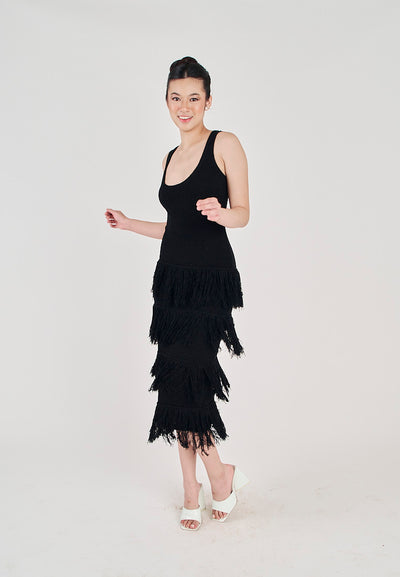 Rowella Black Round Neck Layer Fringe Knitted Top Sleeveless Midi Dress