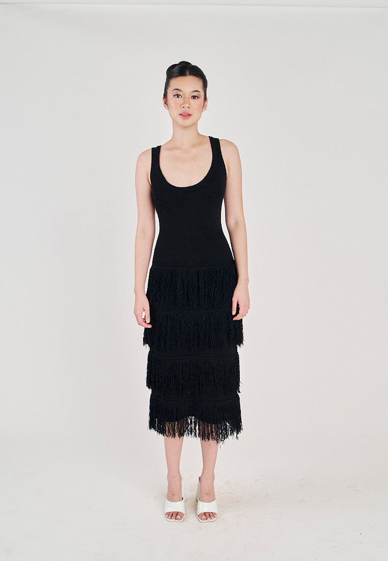 Rowella Black Round Neck Layer Fringe Knitted Top Sleeveless Midi Dress