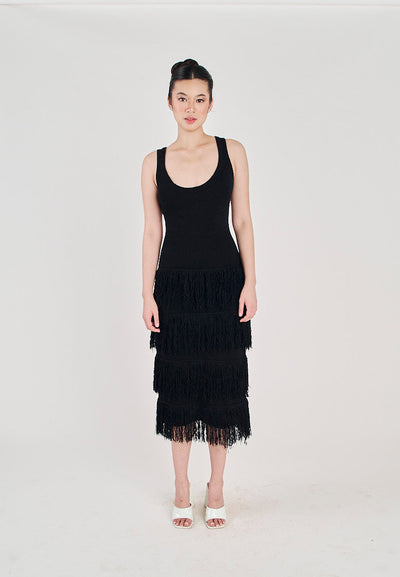 Rowella Black Round Neck Layer Fringe Knitted Top Sleeveless Midi Dress