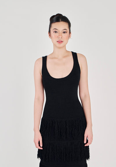 Rowella Black Round Neck Layer Fringe Knitted Top Sleeveless Midi Dress