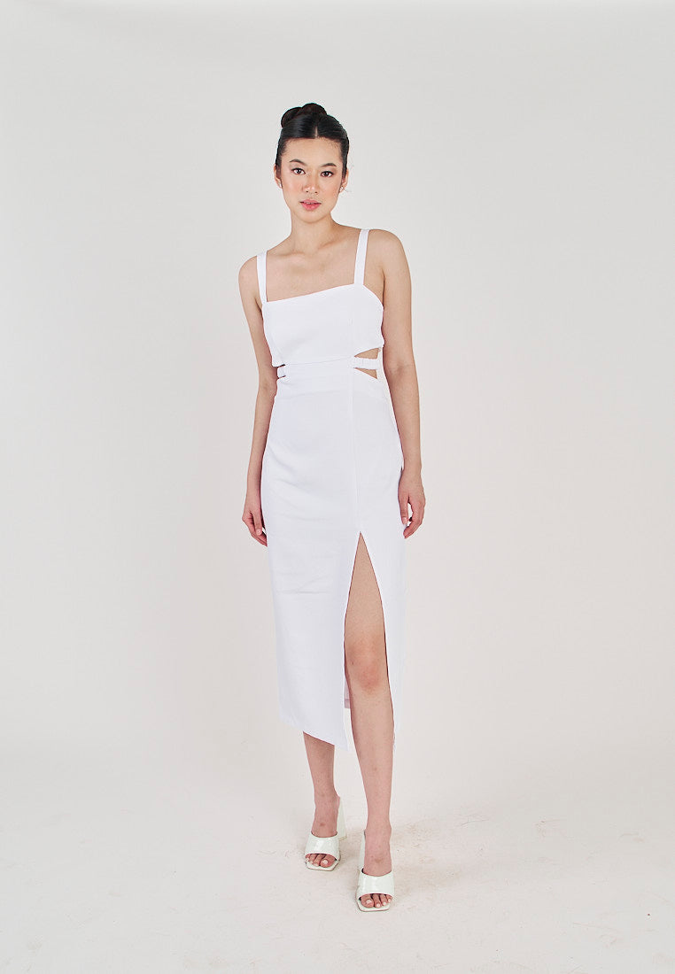 Clariette White Square Neck Wasit Cut Front Slit Back Zipper Sleeveless Midi Dress