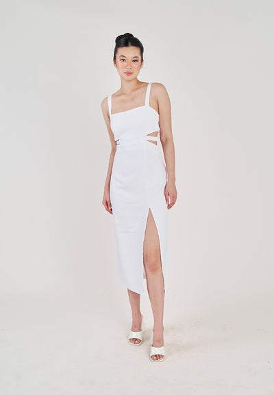 Clariette White Square Neck Wasit Cut Front Slit Back Zipper Sleeveless Midi Dress