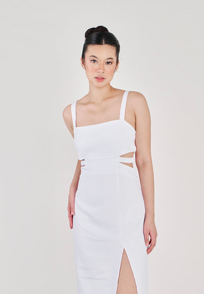 Clariette White Square Neck Wasit Cut Front Slit Back Zipper Sleeveless Midi Dress