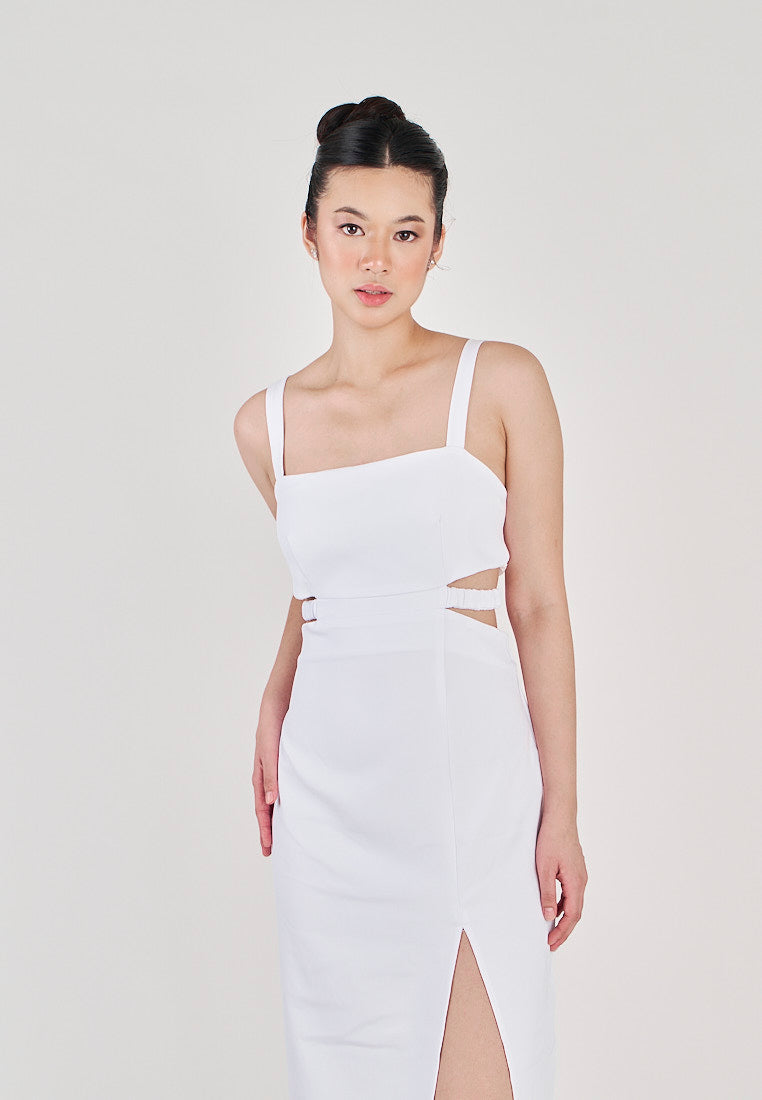 Clariette White Square Neck Wasit Cut Front Slit Back Zipper Sleeveless Midi Dress