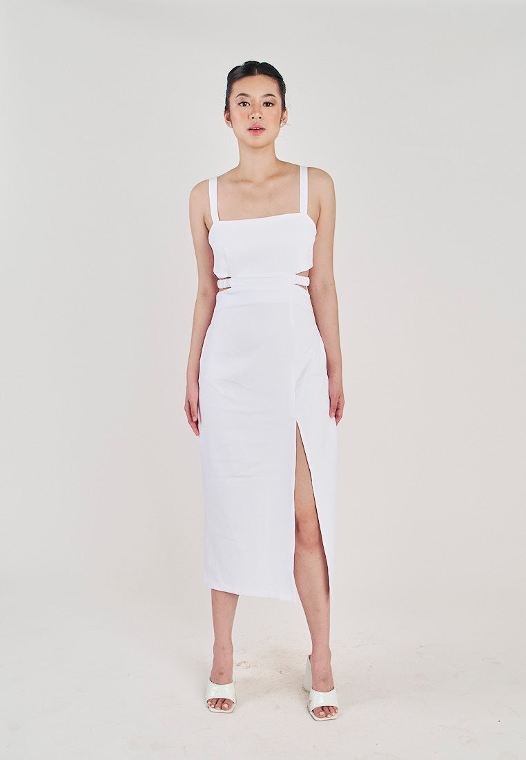 Clariette White Square Neck Wasit Cut Front Slit Back Zipper Sleeveless Midi Dress