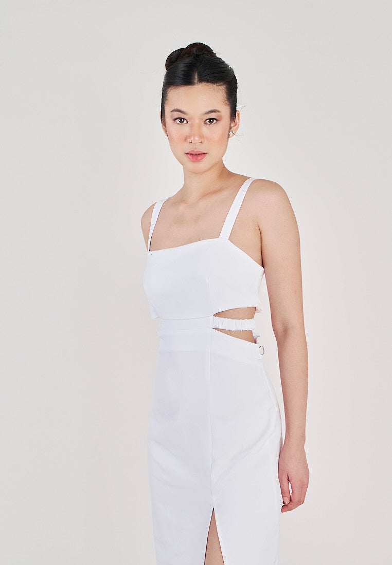 Clariette White Square Neck Wasit Cut Front Slit Back Zipper Sleeveless Midi Dress