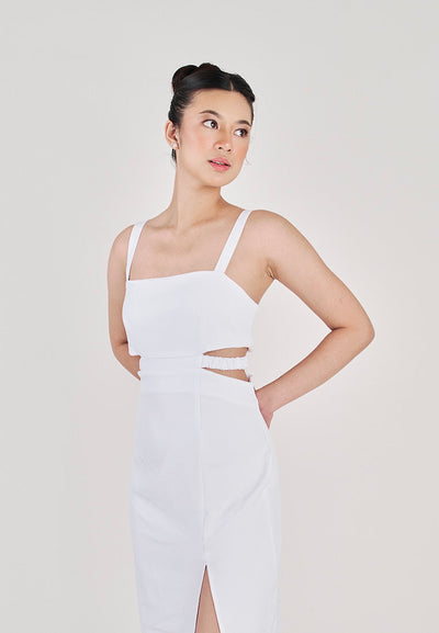 Clariette White Square Neck Wasit Cut Front Slit Back Zipper Sleeveless Midi Dress