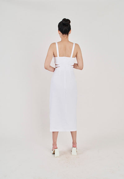 Clariette White Square Neck Wasit Cut Front Slit Back Zipper Sleeveless Midi Dress