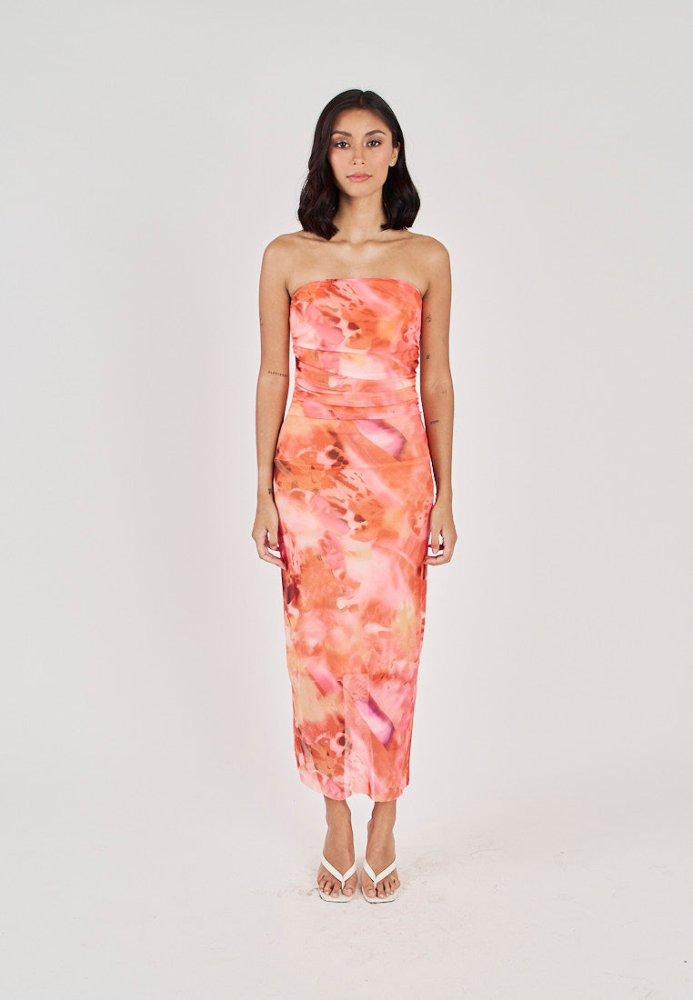 Robyn Red Tie Dye Print Mesh Ruched Sides Tube Midi Dress