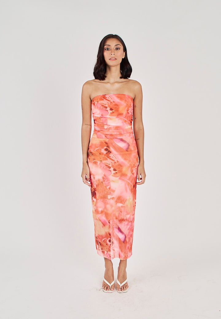 Robyn Red Tie Dye Print Mesh Ruched Sides Tube Midi Dress