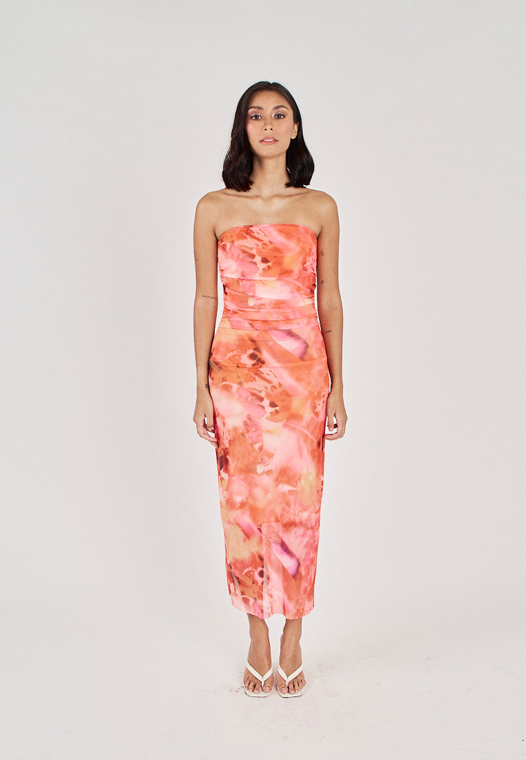 Robyn Red Tie Dye Print Mesh Ruched Sides Tube Midi Dress