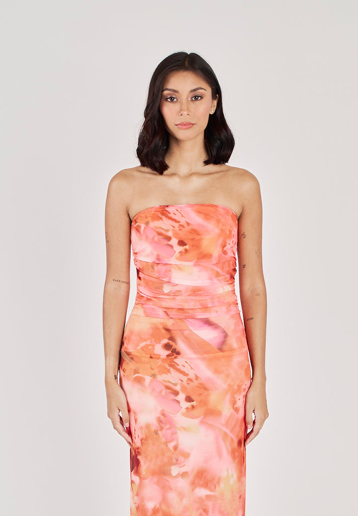Robyn Red Tie Dye Print Mesh Ruched Sides Tube Midi Dress