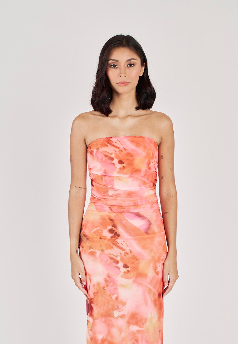 Robyn Red Tie Dye Print Mesh Ruched Sides Tube Midi Dress