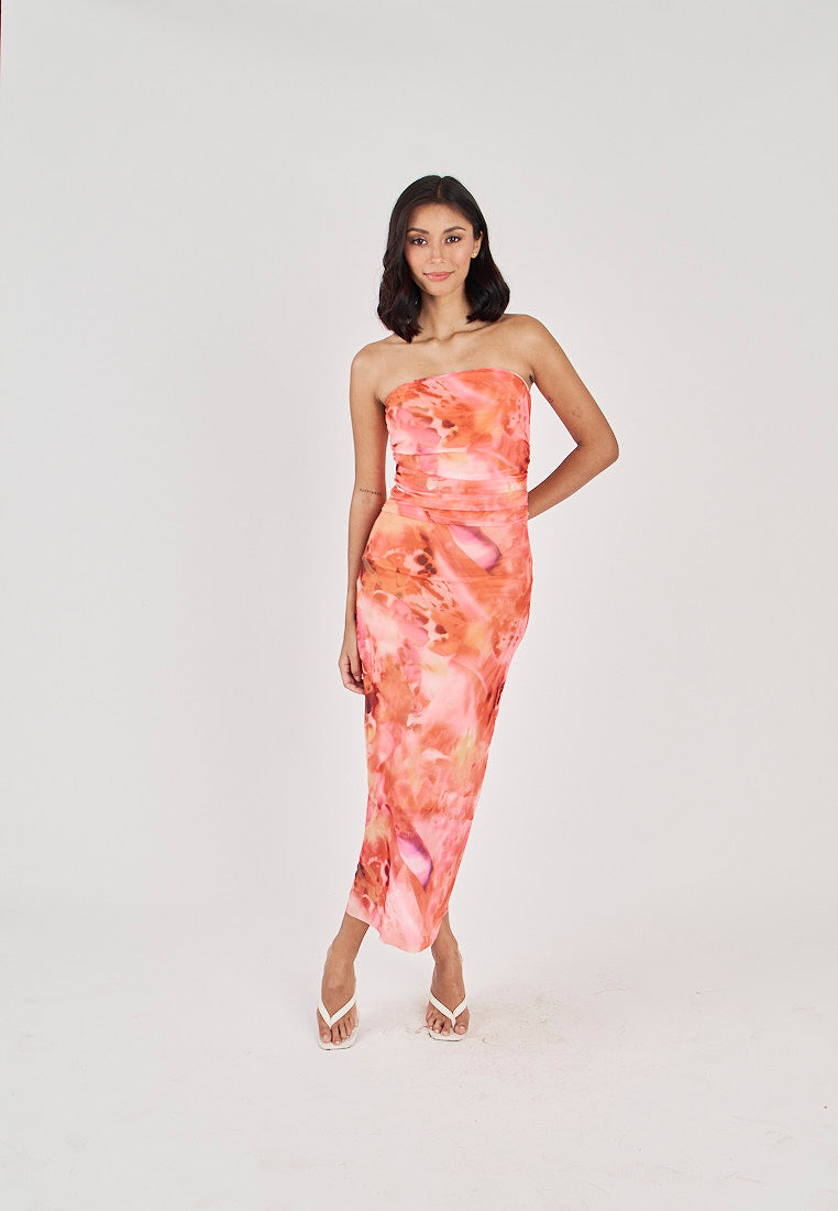 Robyn Red Tie Dye Print Mesh Ruched Sides Tube Midi Dress