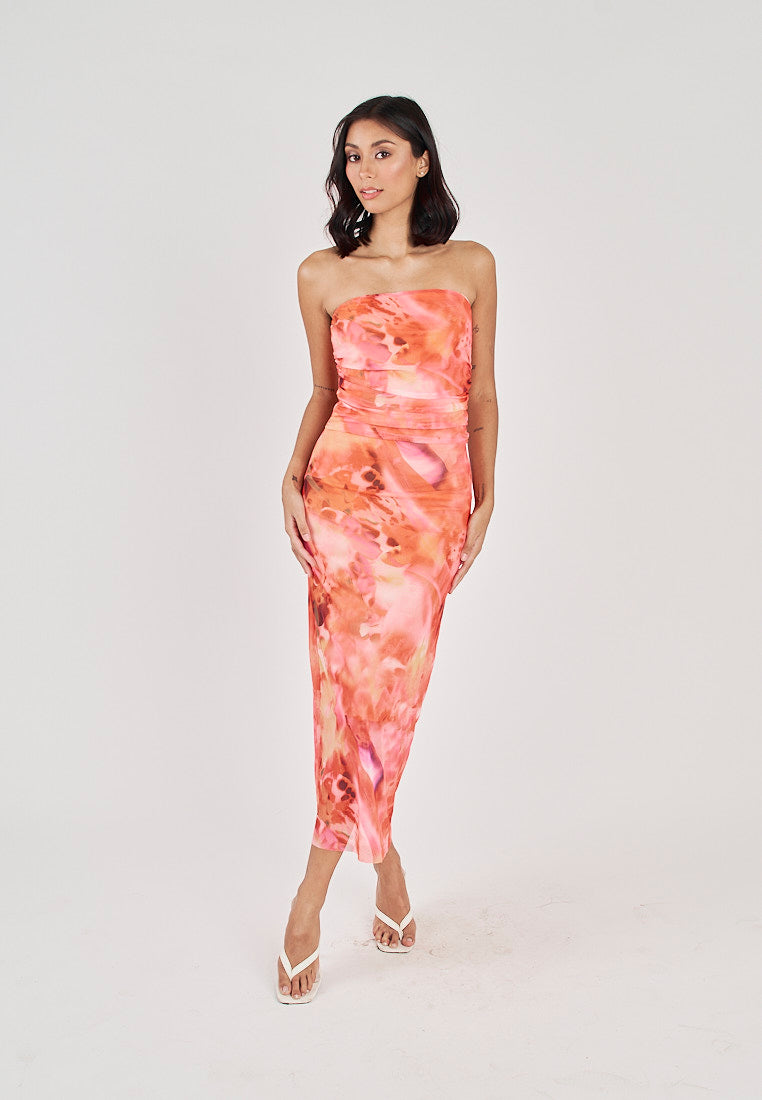 Robyn Red Tie Dye Print Mesh Ruched Sides Tube Midi Dress