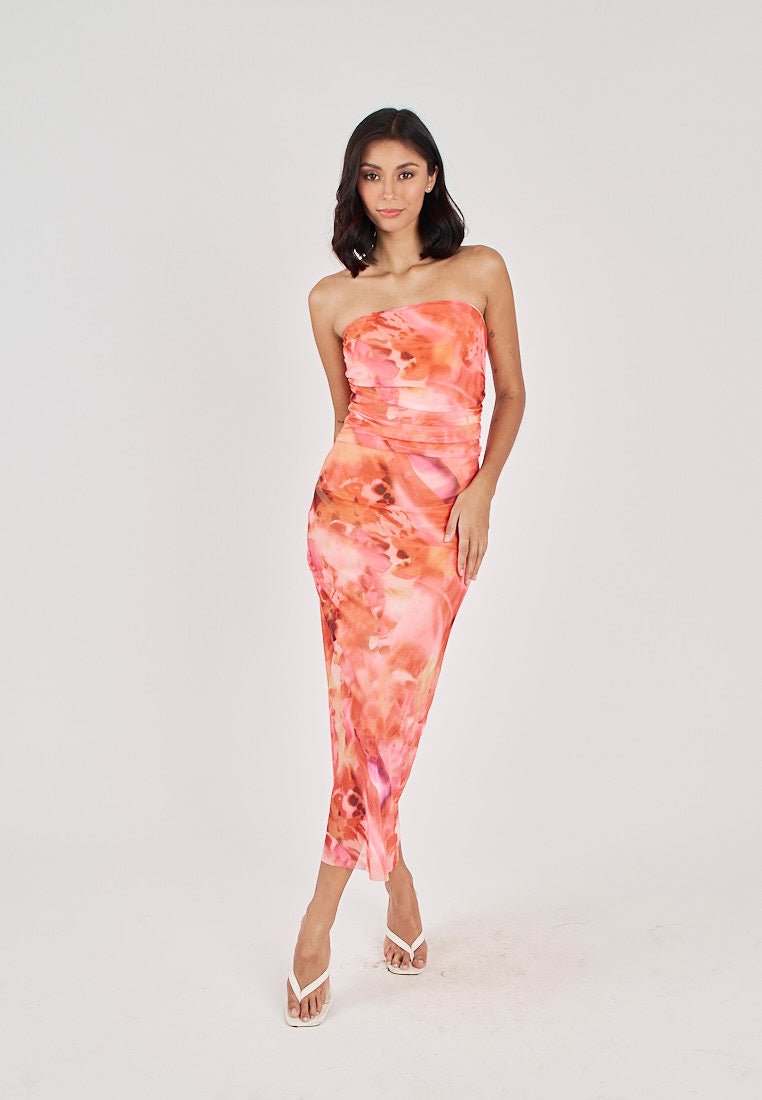 Robyn Red Tie Dye Print Mesh Ruched Sides Tube Midi Dress