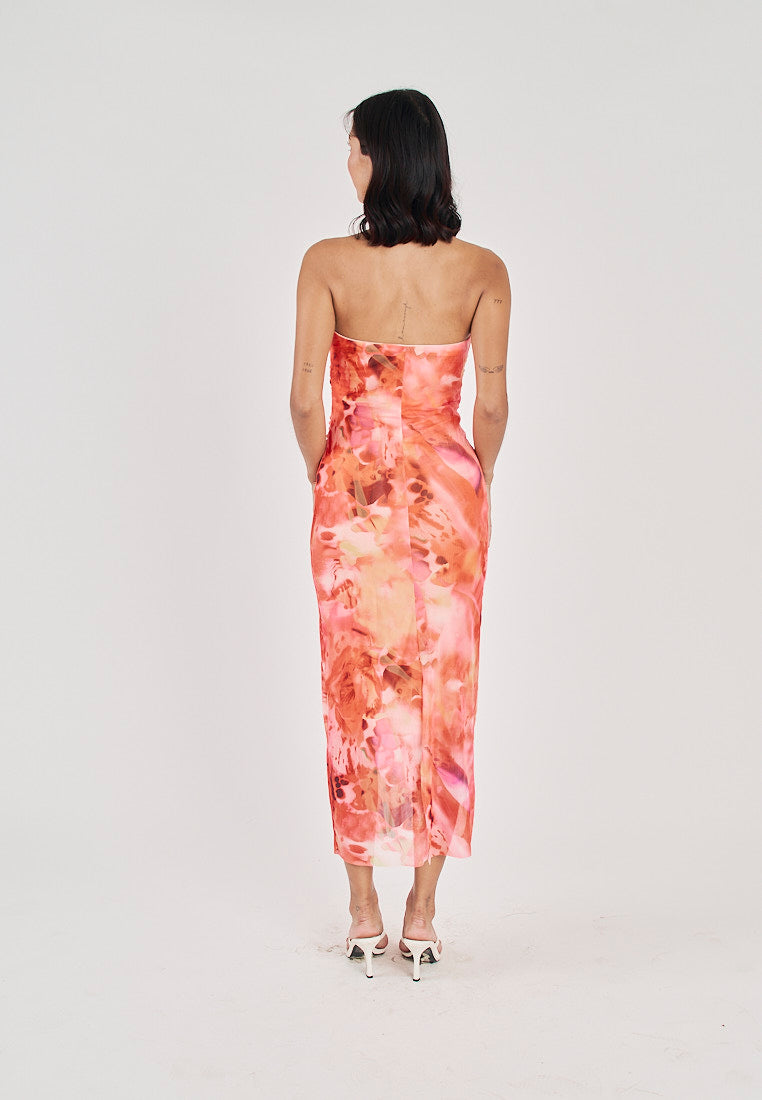 Robyn Red Tie Dye Print Mesh Ruched Sides Tube Midi Dress