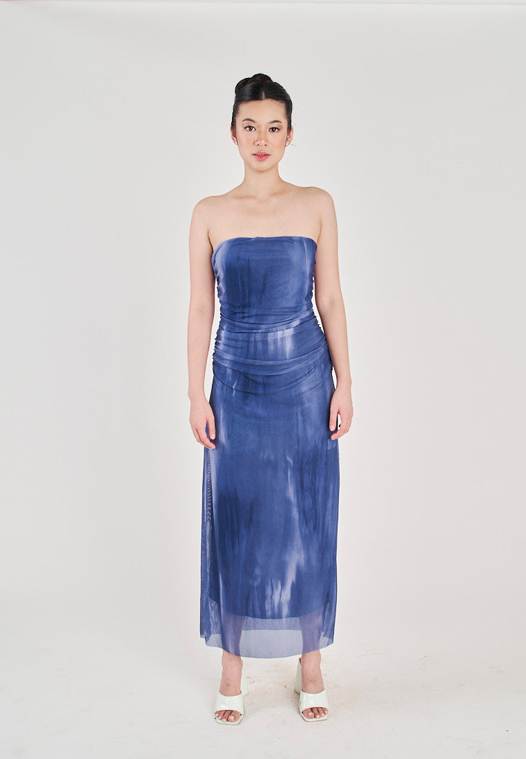 (PRE-ORDER: ETA December 22) Lovella Blue Abstract Print Pleated Side Zipper Mesh Tube Midi Dress