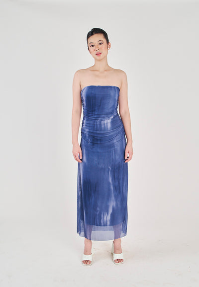 (PRE-ORDER: ETA December 22) Lovella Blue Abstract Print Pleated Side Zipper Mesh Tube Midi Dress