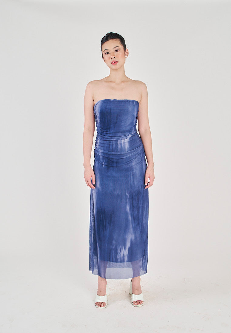 (PRE-ORDER: ETA December 22) Lovella Blue Abstract Print Pleated Side Zipper Mesh Tube Midi Dress