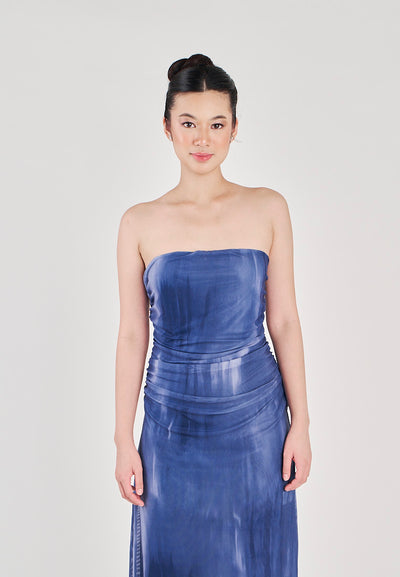 (PRE-ORDER: ETA December 22) Lovella Blue Abstract Print Pleated Side Zipper Mesh Tube Midi Dress