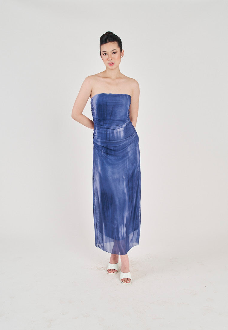 (PRE-ORDER: ETA December 22) Lovella Blue Abstract Print Pleated Side Zipper Mesh Tube Midi Dress