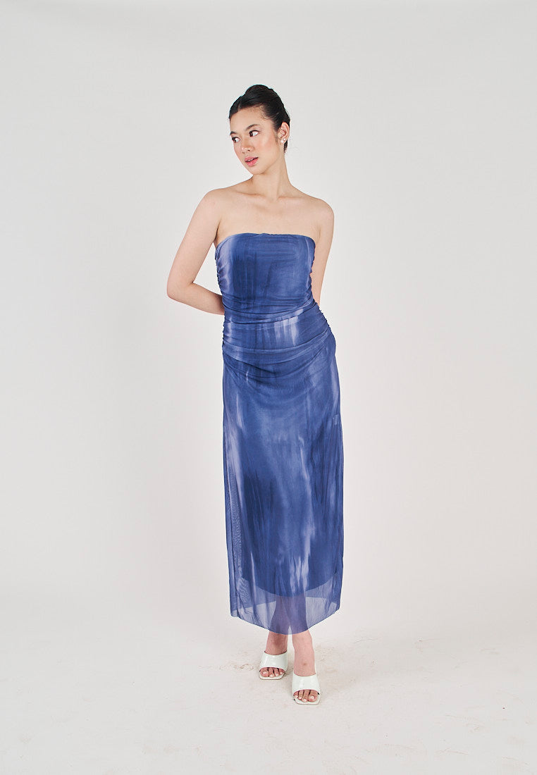 (PRE-ORDER: ETA December 22) Lovella Blue Abstract Print Pleated Side Zipper Mesh Tube Midi Dress