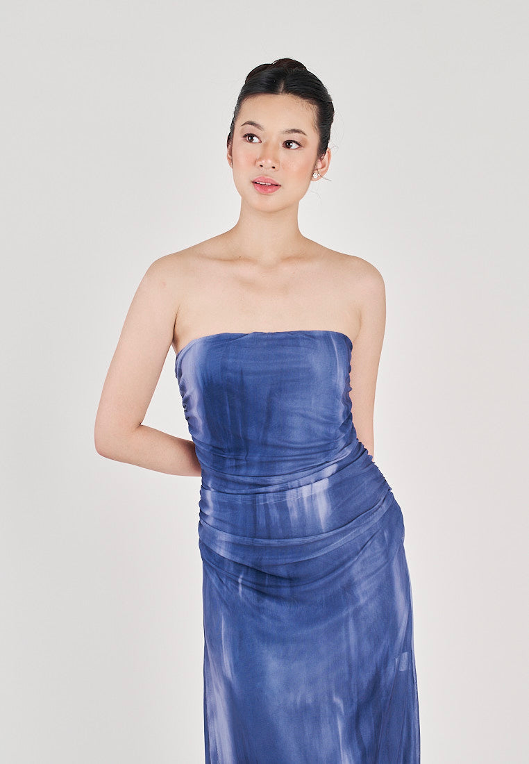 (PRE-ORDER: ETA December 22) Lovella Blue Abstract Print Pleated Side Zipper Mesh Tube Midi Dress
