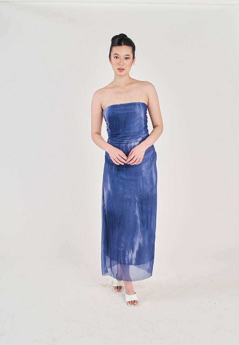 (PRE-ORDER: ETA December 22) Lovella Blue Abstract Print Pleated Side Zipper Mesh Tube Midi Dress