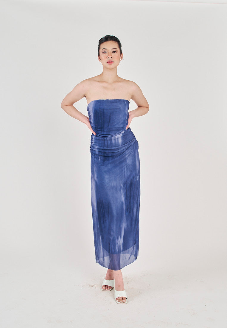 (PRE-ORDER: ETA December 22) Lovella Blue Abstract Print Pleated Side Zipper Mesh Tube Midi Dress
