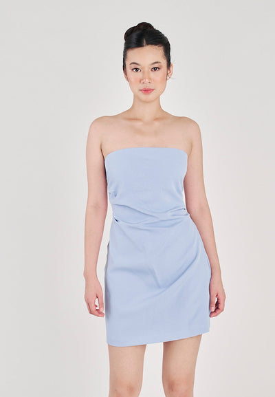 Kayna Blue Ruched Sides Tube Mini Dress