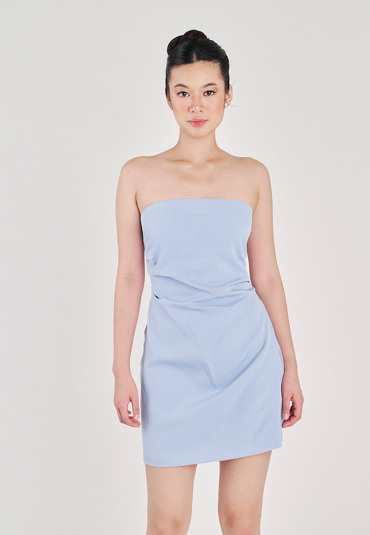 Kayna Blue Ruched Sides Tube Mini Dress