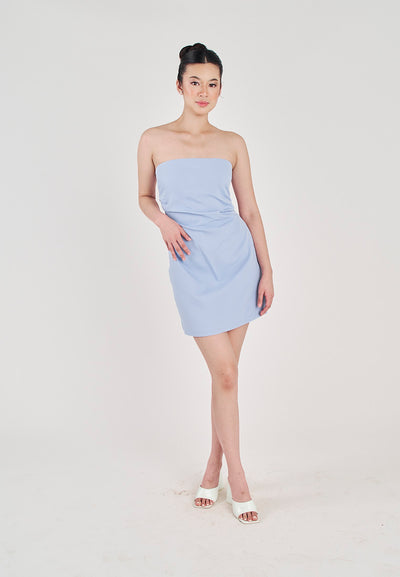 Kayna Blue Ruched Sides Tube Mini Dress
